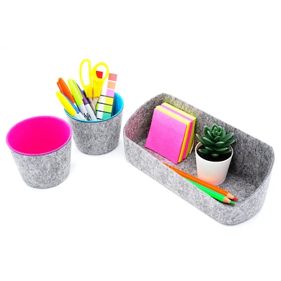 Welaxy Felt 3 Piece Gray Tray with Turquoise & Hot Pink Cups Desktop Organizer Set