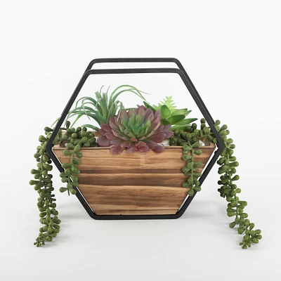 Flora Bunda® 11" Succulent Arrangement in Hexagon Wood & Metal Wall Accent