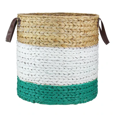 21" Beige, White & Teal Braided Wicker Basket with Handles