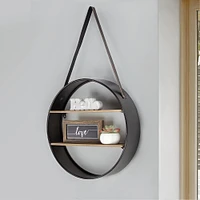 33" Metal & Wood Round Hanging Wall Shelf With Strap