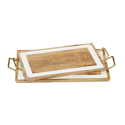 White & Brown Mango Wood Modern Tray Set