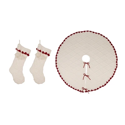 Glitzhome® White Knitted Tree Skirt & Stockings Set