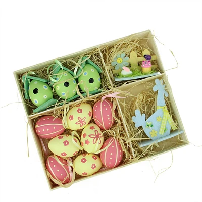 Set of 13 Multicolor Easter Egg, Birdhouse and Rooster Spring Decorations