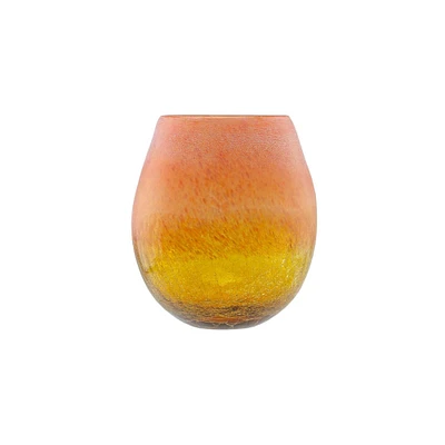 8" Crackled & Frosted Glass Vase, Amber Yellow & Coral