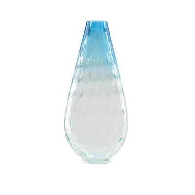 14" Teardrop Shaped Textured Glass Vase, Azure Blue Ombre