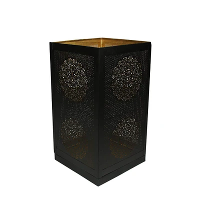 17" Black & Gold Moroccan Style Floral Cut-Out Pillar Candle Lantern