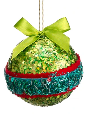 Christmas Brites Green, Red and Blue Sequin and Bead Ball Ornament with Bow