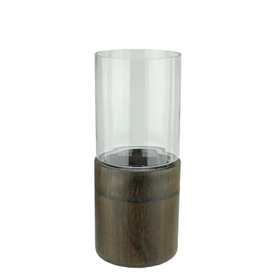 15.25" Glass Hurricane and Wood Pillar Candle Holder