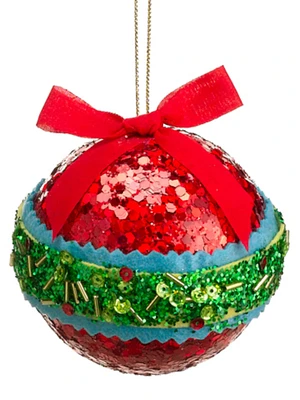 Christmas Brites Red, Green and Blue Sequin and Bead Ball Ornament with Bow