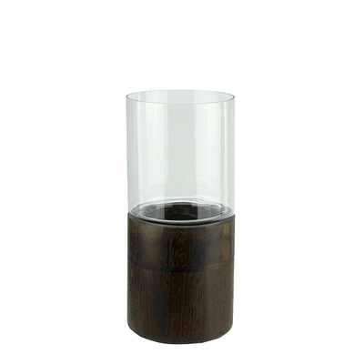 Clear Glass Hurricane Pillar Candle Holder with Wooden Base