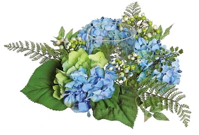 16" Blue & Green Artificial Hydrangea & Berry Hurricane Glass Candle Holder