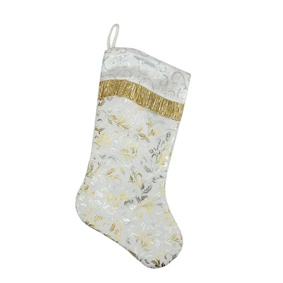 20.5" Silver & Gold Flourish Christmas Stocking with White Sequin Cuff