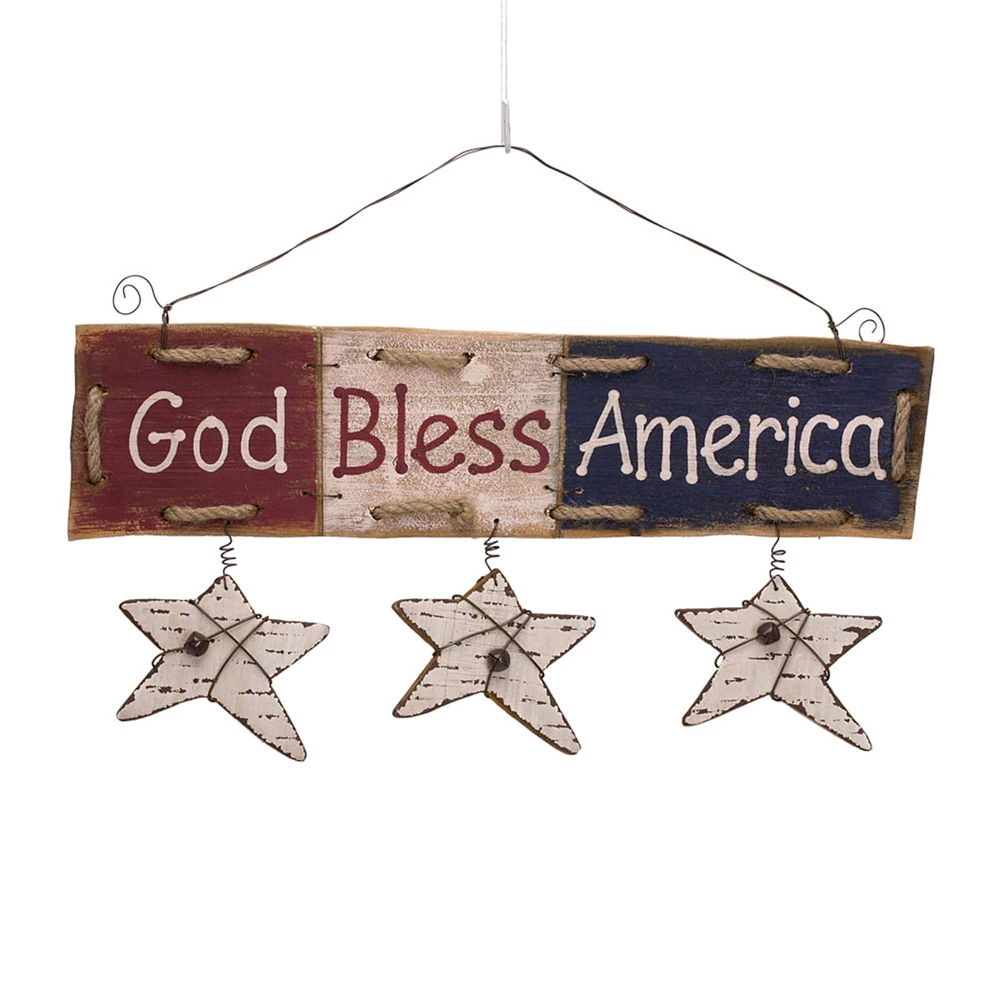 Glitzhome® Wooden "God Bless America" Hanging Wall Sign with Stars