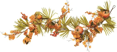 5' Autumn Harvest Decorative Artificial Pumpkins, Berries, Leaves and Grass Garland