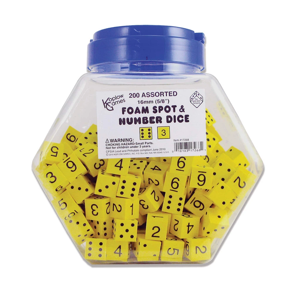 Koplow Games 5/8" Bright Yellow Spot & Number Foam Dice, 200 Count