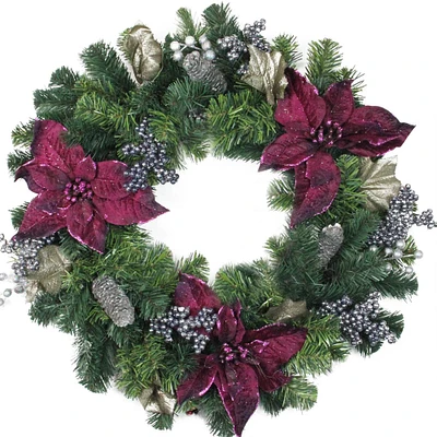 24" Two-Tone Pine with Purple Poinsettias & Berries Wreath