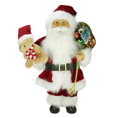 16" Traditional Standing Santa Claus with Teddy Bear & Gift Bag