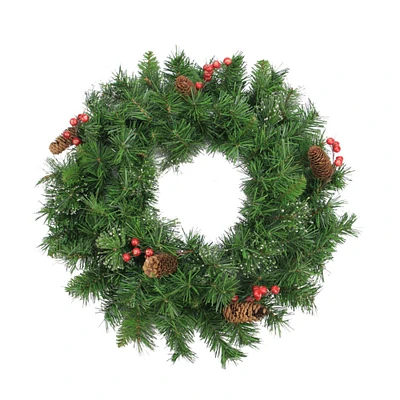 24" Iced Mixed Pine Red Berry & Pine Cones Artificial Wreath, Unlit