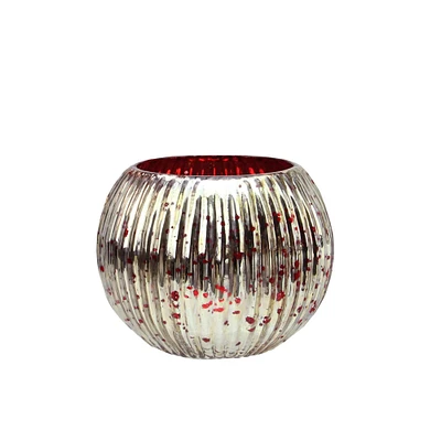 3.25" Red & Silver Ribbed Round Mercury Glass Votive Candle Holders, Set Of 4