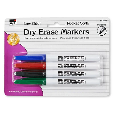 Assorted Colors Bullet Tip Pocket Style Dry Erase Markers, 4 Packs