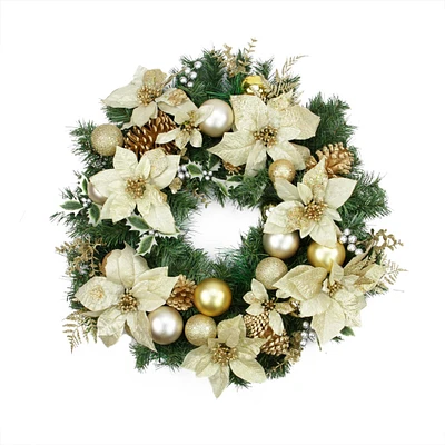 24" Pre-Decorated Gold Poinsettia & Ball Artificial Wreath