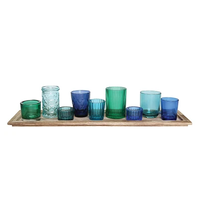 Wood Tray with Monochromatic Glass Votive Holders
