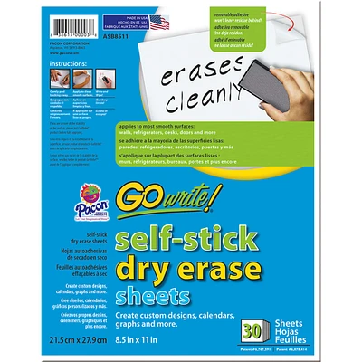 GoWrite!® Self-Stick Dry Erase Sheets, Pack of 30