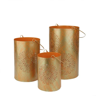 Decorative Floral Cut-Out Pillar Candle Lantern Set