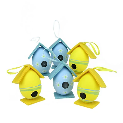 Set of 6 Yellow and Blue Floral Painted Easter Egg Birdhouse Ornaments