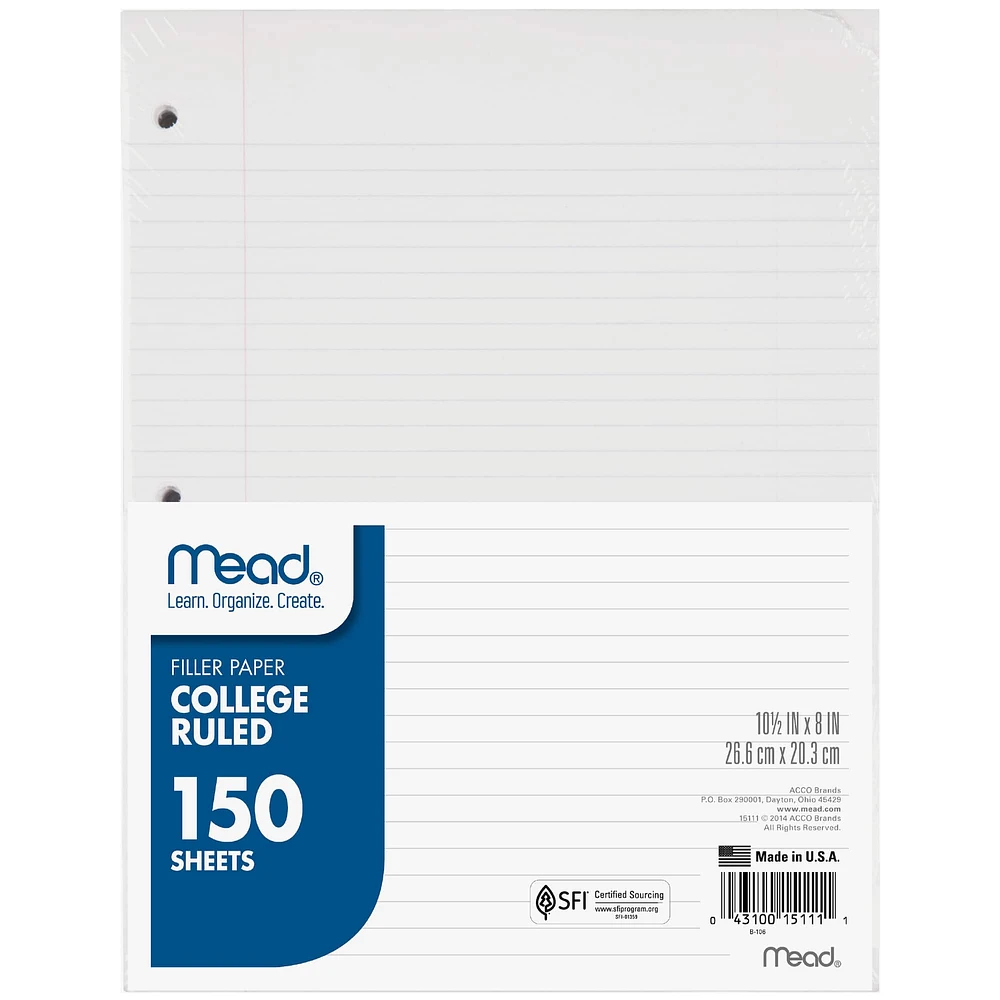Mead® College Ruled Filler Paper, 150 Sheets Per Pack, 12 Packs