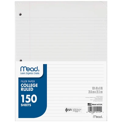 Mead® College Ruled Filler Paper, 150 Sheets Per Pack, 12 Packs