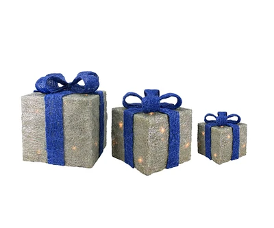 Pre-lit Silver with Blue Bows Sisal Gift Boxes Christmas Yard Decorations, Set of 3