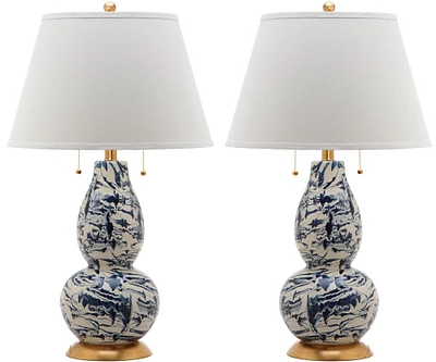 Color Swirls Glass Table Lamp Set in Navy & White