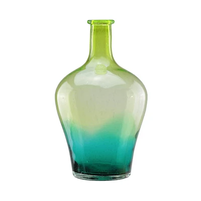 Chartreuse Green and Teal Ombre Hand Blown Bubble Glass Vase