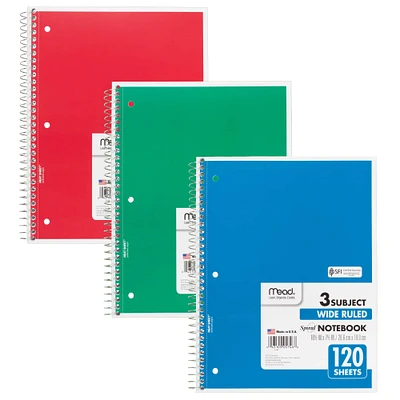 Mead Wide Rule Spiral Bound 3 Subject Notebook, 120 Sheets, Pack of 12