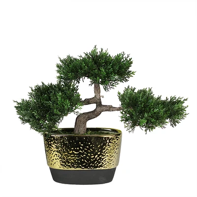 10" Green Artificial Bonsai Tree in Gold Plated Ceramic Pot