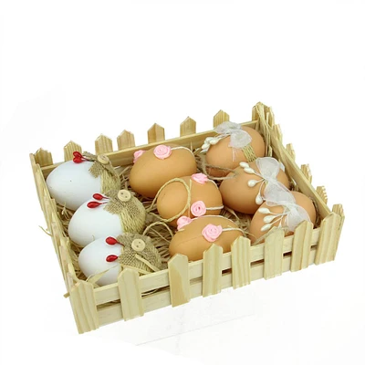 Set of 9 White and Natural Colored Jute Burlap Easter Egg Ornaments