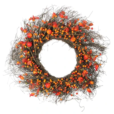 24" Unlit Autumn Harvest Artificial Berries, Twigs & Leaves Rustic Thanksgiving Wreath