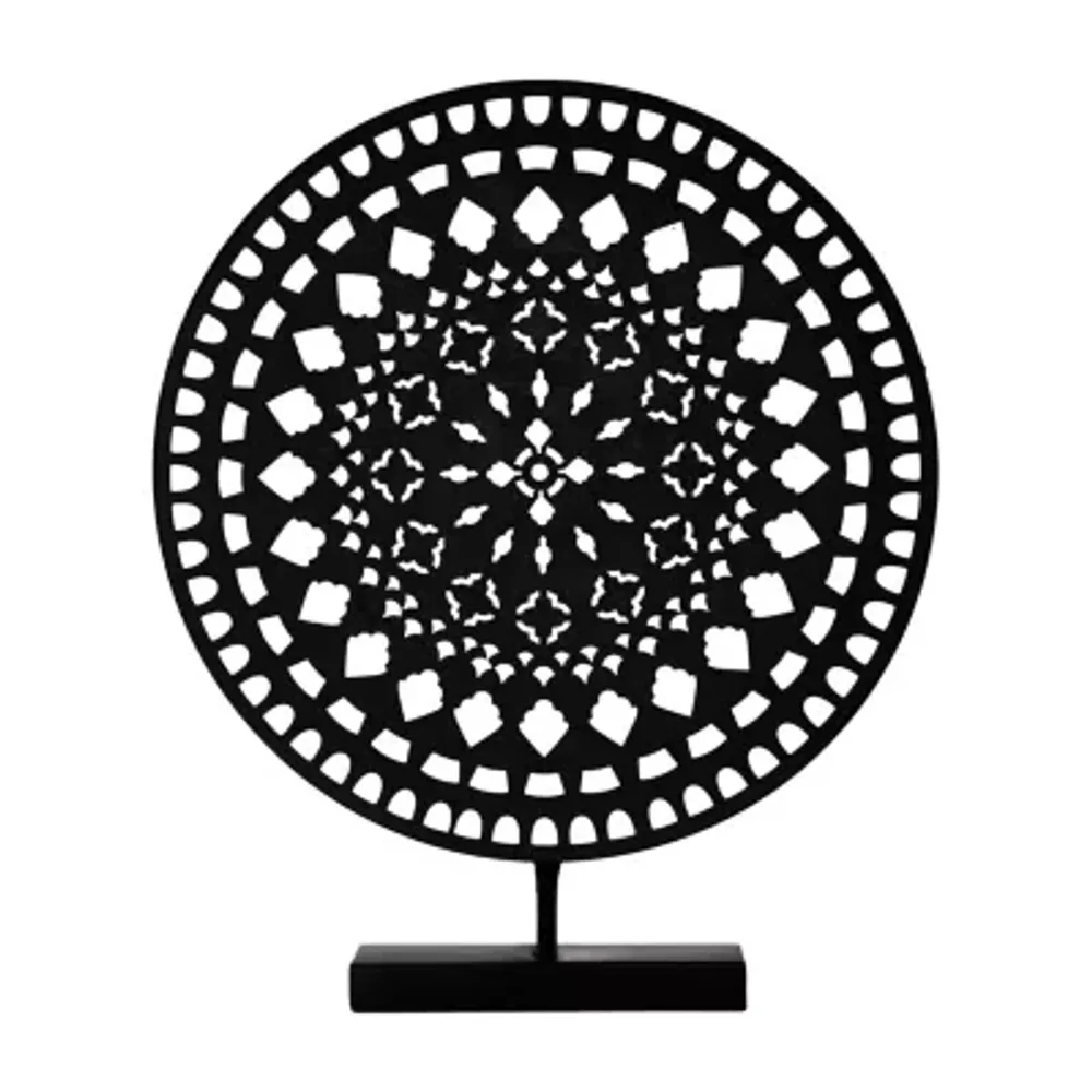 Black Medallion Sculpture on Stand