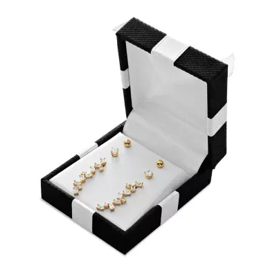 White Cubic Zirconia 18K Gold Over Silver Sterling Silver Ball 3 Pair Earring Set