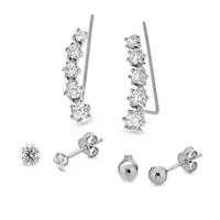 White Cubic Zirconia Sterling Silver Ball 3 Pair Earring Set