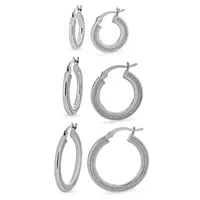 Sterling Silver Rhodium Plated Glitter Hoop Earrings Set