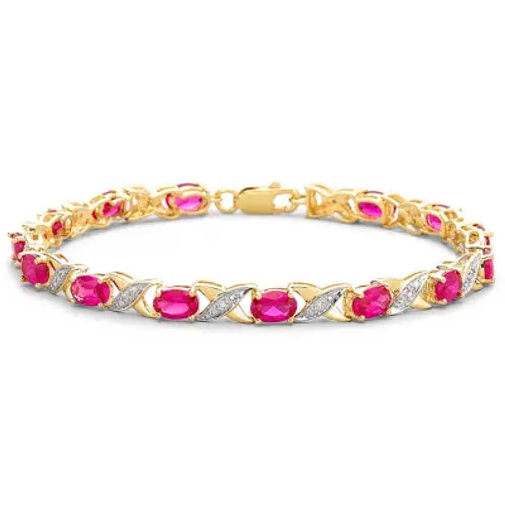 Lab-Created Ruby with Diamond-Accents 14K Gold over Silver Link Bracelet