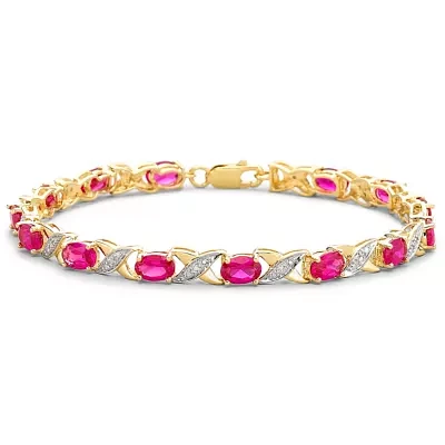 Lab-Created Ruby with Diamond-Accents 14K Gold over Silver Link Bracelet