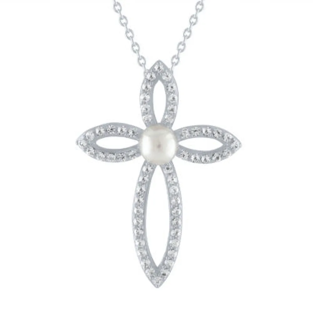 Womens White Cultured Freshwater Pearl Sterling Silver Cross Pendant Necklace