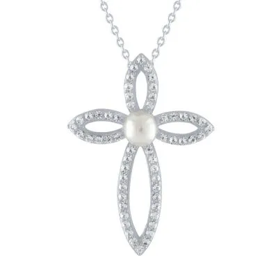 Womens White Cultured Freshwater Pearl Sterling Silver Cross Pendant Necklace