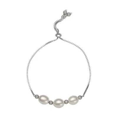 White Cultured Freshwater Pearl Sterling Silver Bolo Bracelet