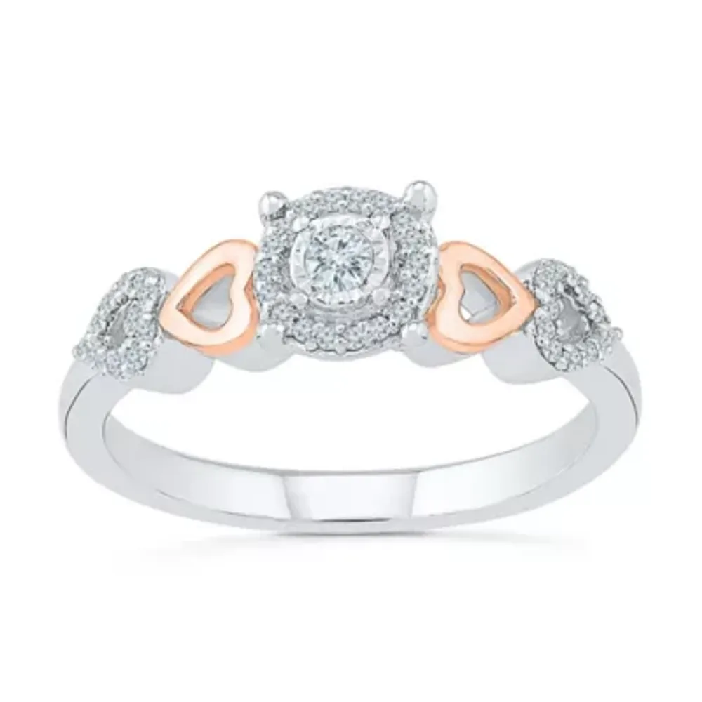 Promise My Love Womens 1/6 CT. T.W. Natural White Diamond 10K Rose Gold Over Silver Sterling Round Halo Ring