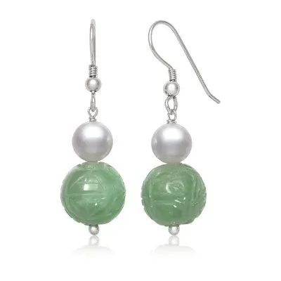 Green Jade Cultured Freshwater Pearl Sterling Silver Drop Earrings