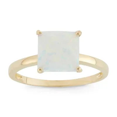 Womens Lab Created White Opal 10K Gold Solitaire Cocktail Ring